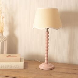 ValueLights Bobbins Painted Rose Table Lamp with Linen Scallop White Trim Shade & LED Bulb in Pale Pink - thumbnail 3