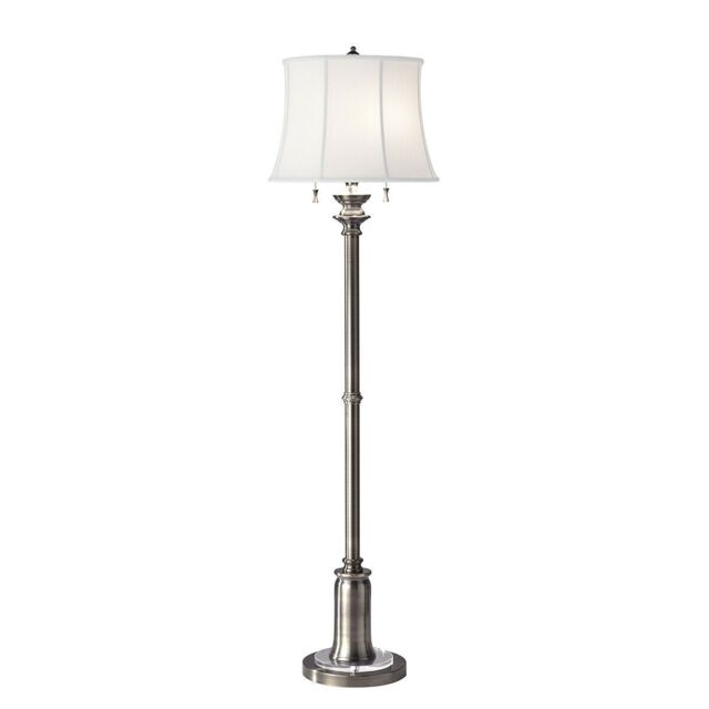 Loops 2 Bulb Twin Floor Lamp True White Cotton Linen Shade Antique Nickel LED E27 60W in Metallics