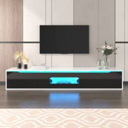 ModernLuxe High-gloss TV cabinet with door & colour-changing LED lights in Black - thumbnail 1