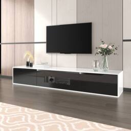 ModernLuxe High-gloss TV cabinet with door & colour-changing LED lights in Black - thumbnail 9