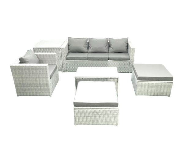 Fimous 6 Pieces Rattan Garden Furniture Set Outdoor Garden Sofa Chair Coffee Table Set with Side Table 2 Big Footstools Light Grey Mixed - image 1
