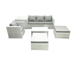 Fimous 6 Pieces Rattan Garden Furniture Set Outdoor Garden Sofa Chair Coffee Table Set with Side Table 2 Big Footstools Light Grey Mixed - thumbnail 2