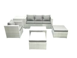 Fimous 6 Pieces Rattan Garden Furniture Set Outdoor Garden Sofa Chair Coffee Table Set with Side Table 2 Big Footstools Light Grey Mixed - thumbnail 1