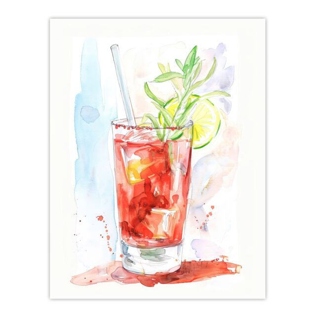 "Artery8 Bloody Mary Cocktail Drink Watercolour Simple Wall Art Print in Red - Size: W18"" x H24""" - image 1