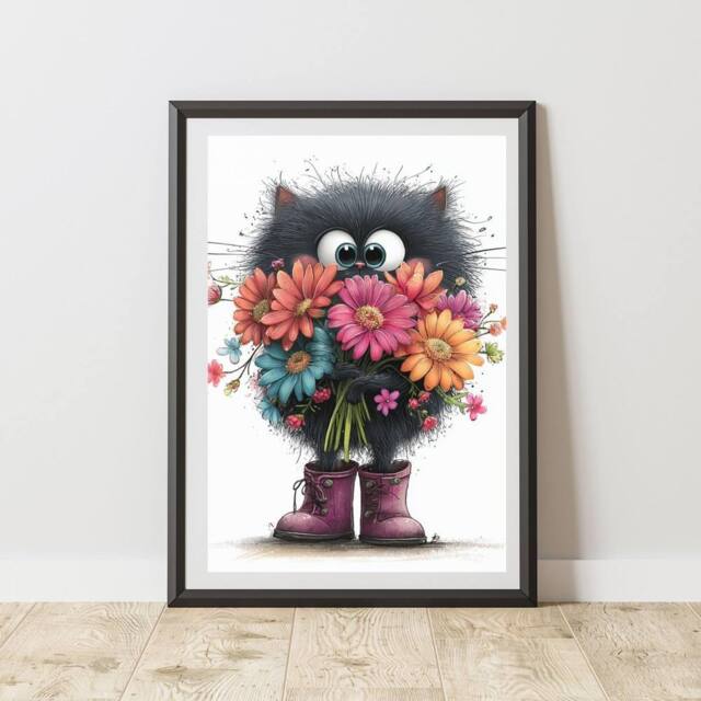 60 SECOND MAKEOVER Quirky Cat With Bunch Of Flowers Print Poster Wall Art - Size: A4 - image 1