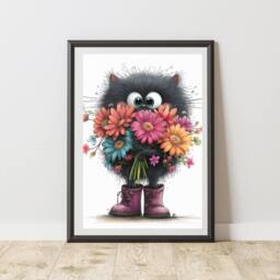 60 SECOND MAKEOVER Quirky Cat With Bunch Of Flowers Print Poster Wall Art - Size: A4 - thumbnail 1
