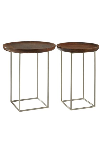 Orsina Set of 2 Side Tables, Natural Wood Top with Silver Iron Base, Nesting Style Accent Tables - image 1