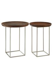 Orsina Set of 2 Side Tables, Natural Wood Top with Silver Iron Base, Nesting Style Accent Tables
