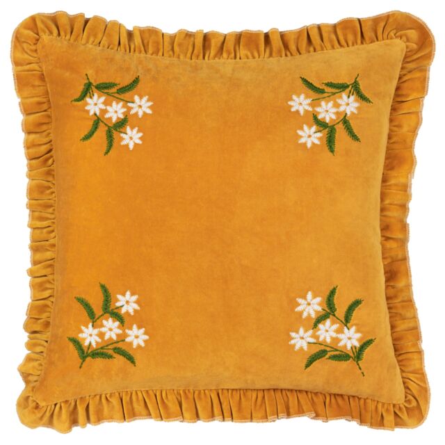 Furn Daisy Frill Embroidered Velvet Cushion in Gold - Size: 45 cm x 45 cm - image 1