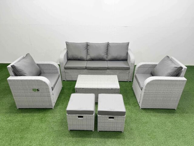 Fimous PE Rattan Garden Furniture Set Reclining Chair Sofa Lounge Sofa Set Oblong Coffee Table 2 Small Stools Light Grey - image 1