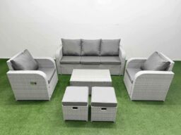 Fimous PE Rattan Garden Furniture Set Reclining Chair Sofa Lounge Sofa Set Oblong Coffee Table 2 Small Stools Light Grey - thumbnail 2