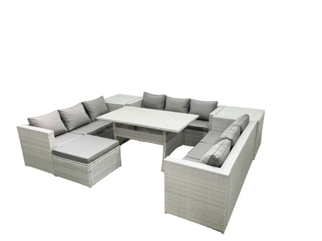 Fimous Rattan Garden Outdoor Furniture Set 10 Seater Garden Sofa Rectangulr Dining Table Set with Big Footstool 2 Side Tables Light Grey Mixed - image 1
