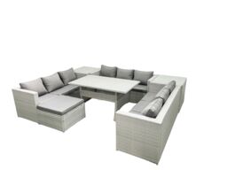 Fimous Rattan Garden Outdoor Furniture Set 10 Seater Garden Sofa Rectangulr Dining Table Set with Big Footstool 2 Side Tables Light Grey Mixed - thumbnail 1