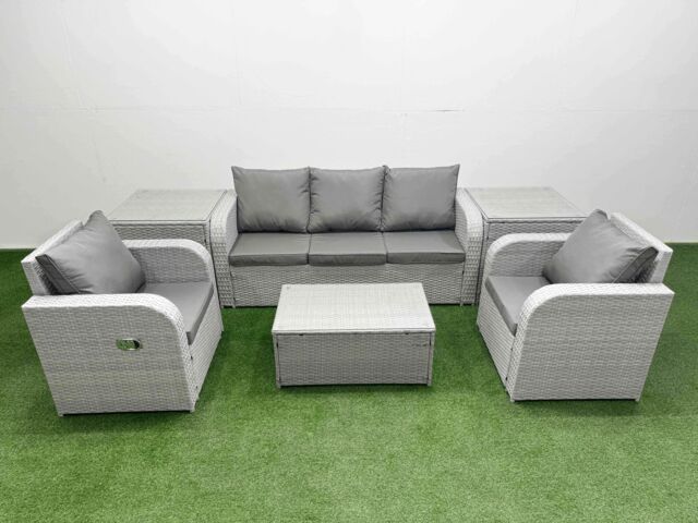 Fimous PE Rattan Garden Furniture Set Reclining Chair Sofa Lounge Sofa Set Oblong Coffee Table 2 Side Table Light Grey - image 1