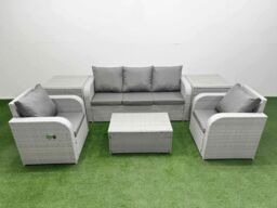 Fimous PE Rattan Garden Furniture Set Reclining Chair Sofa Lounge Sofa Set Oblong Coffee Table 2 Side Table Light Grey - thumbnail 2