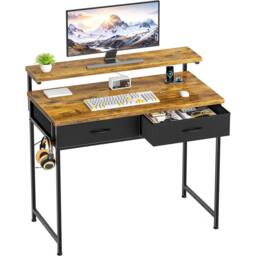 FORGEVIO Computer Desk With 2 Storage Drawers & Adjustable Monitor Stand