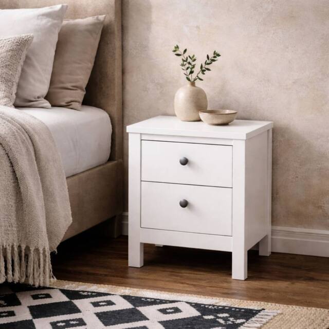 Wyld Haus Gossmere White Wooden Bedside Table 2 Drawers Silver Handles - image 1