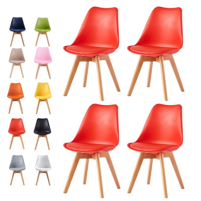 MCC Direct Set of 4 Dining Chairs Wooden Legs & Padded Seat Cushions Eva in Red - image 1