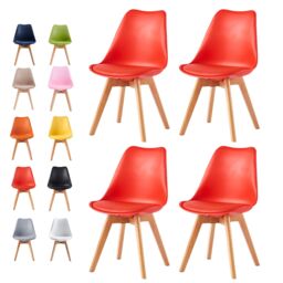 MCC Direct Set of 4 Dining Chairs Wooden Legs & Padded Seat Cushions Eva in Red