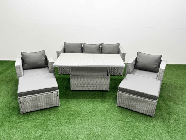 Fimous 6 PCs Rising Dining Table Set Rattan Furniture Set with 2 Big Footstools in Light Grey - image 1