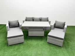 Fimous 6 PCs Rising Dining Table Set Rattan Furniture Set with 2 Big Footstools in Light Grey - thumbnail 1