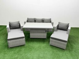 Fimous 6 PCs Rising Dining Table Set Rattan Furniture Set with 2 Big Footstools in Light Grey - thumbnail 2