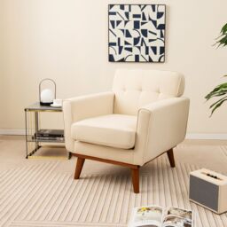 Costway Upholstered Linen Fabric Armchair Button Tufted Single Sofa Chair in Beige - thumbnail 1