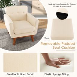 Costway Upholstered Linen Fabric Armchair Button Tufted Single Sofa Chair in Beige - thumbnail 5