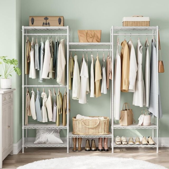 SONGMICS Open Wardrobe Metal Clothes Rails Adjustable Shelves Dividable in White - image 1