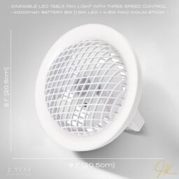 Happy Homewares Modern Rechargeable 3 Speed Desk Fan with LED Dimmable Halo Ring Light in White - thumbnail 7