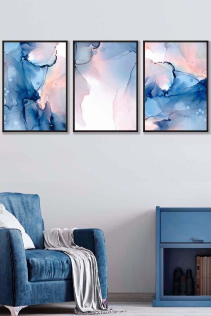 Set of 3 Black Framed Blush Pink and Navy Blue Abstract Ink Wall Art - image 1