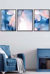 ARTZE Set of 3 Black Framed Blush Pink & Navy Blue Abstract Ink Wall Art - Size: W33 cm x H45 cm x D20mm - thumbnail 1