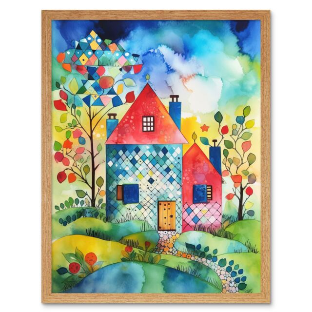 "Artery8 Wall Art Print Farmhouse In The Flowers Folk Art Framed in Light Oak - Size: W12"" x H16""" - image 1
