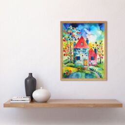 "Artery8 Wall Art Print Farmhouse In The Flowers Folk Art Framed in Light Oak - Size: W12"" x H16""" - thumbnail 2