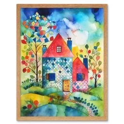 "Artery8 Wall Art Print Farmhouse In The Flowers Folk Art Framed in Light Oak - Size: W12"" x H16""" - thumbnail 1