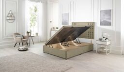 Somnior Flexby Linen Fabric Side Opening Ottoman Bed With Headboard in Brown - Size: Small Single