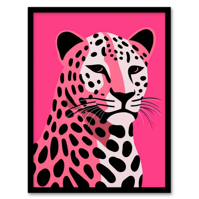 "Artery8 Stylized Pink Black Leopard Bold Vibrant Risograph Screenprint Artwork Painting Art Print Framed Poster Wall Decor - Size: W12"" x H16""" - image 1