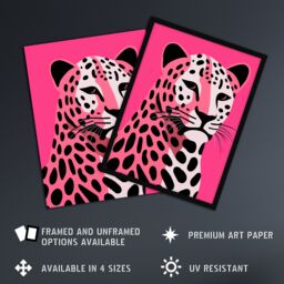 "Artery8 Stylized Pink Black Leopard Bold Vibrant Risograph Screenprint Artwork Painting Art Print Framed Poster Wall Decor - Size: W12"" x H16""" - thumbnail 2