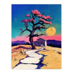 "Artery8 Cottage Cherry Blossom Tree Sunrise Landscape Wall Art Print in Blue - Size: W12"" x H16""" - thumbnail 1
