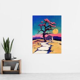 "Artery8 Cottage Cherry Blossom Tree Sunrise Landscape Wall Art Print in Blue - Size: W12"" x H16""" - thumbnail 4