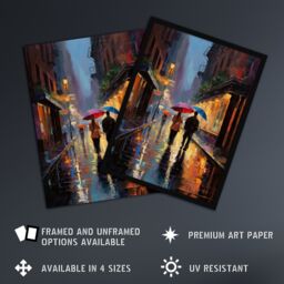 Artery8 Wall Art Print Rainy Romance Colourful Oil Painting Couple Talking A Romantic Walk With Umbrellas On A Rainy Night Bedroom Art Framed - thumbnail 2
