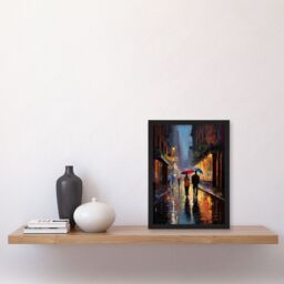 Artery8 Wall Art Print Rainy Romance Colourful Oil Painting Couple Talking A Romantic Walk With Umbrellas On A Rainy Night Bedroom Art Framed - thumbnail 4