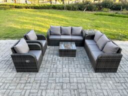 Fimous High Back Rattan Garden Furniture Set with Square Coffee Table Side Table Indoor Outdoor Patio Lounge Sofa Set Dark Grey Mixed - thumbnail 1