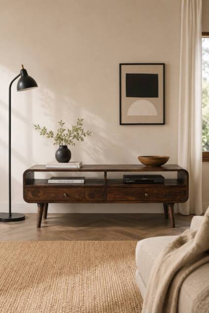 IH Design Rowledge Dark Mango Wood Large TV Stand 2 Drawers in Dark Brown - image 1