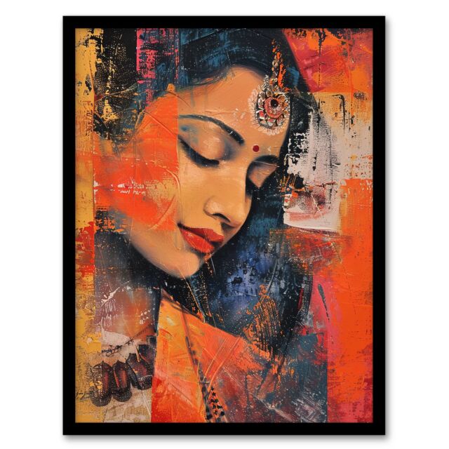"Artery8 Young Indian Woman Portrait Modern Artwork Beauty Framed Art Print in Orange - Size: W12"" x H16""" - image 1