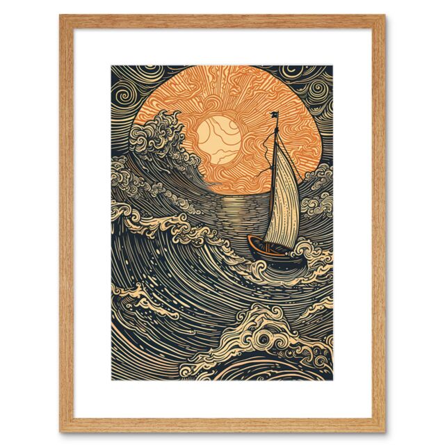 "Artery8 Wall Art Print Boat Sailing into the Sunset Linocut Artwork Framed 9X7 Inch in Beige - Size: W7"" x H9""" - image 1