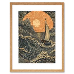 "Artery8 Wall Art Print Boat Sailing into the Sunset Linocut Artwork Framed 9X7 Inch in Beige - Size: W7"" x H9""" - thumbnail 1