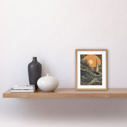 "Artery8 Wall Art Print Boat Sailing into the Sunset Linocut Artwork Framed 9X7 Inch in Beige - Size: W7"" x H9""" - thumbnail 2