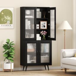 Gymax Kitchen Pantry Cabinet 178 cm Tall Cupboard With 4 Transparent Doors in Black - thumbnail 9