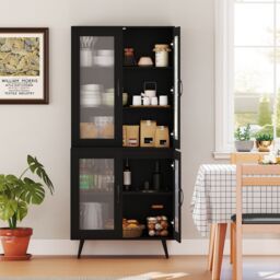 Gymax Kitchen Pantry Cabinet 178 cm Tall Cupboard With 4 Transparent Doors in Black - thumbnail 8